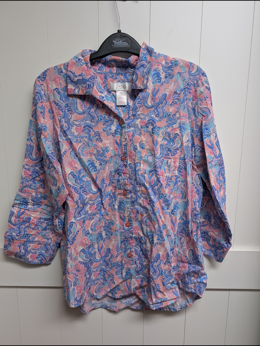 Stella Parker Linen Blend Mermaid Button-Up Shirt in Pink & Blue